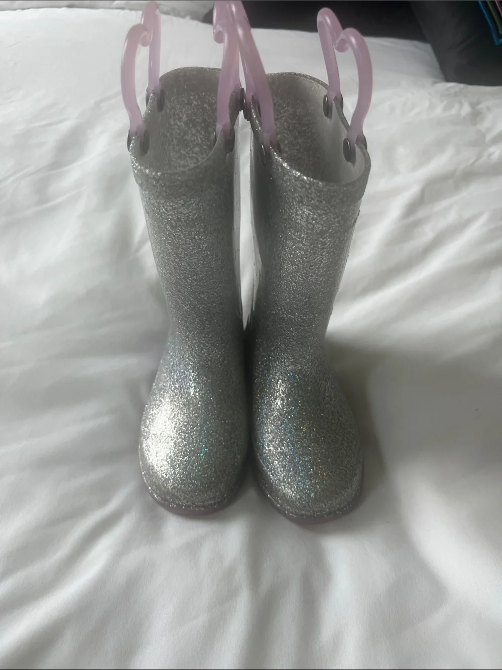 Western Chief Silver Glitter Kids Rain Boots with Pink Pull Handles